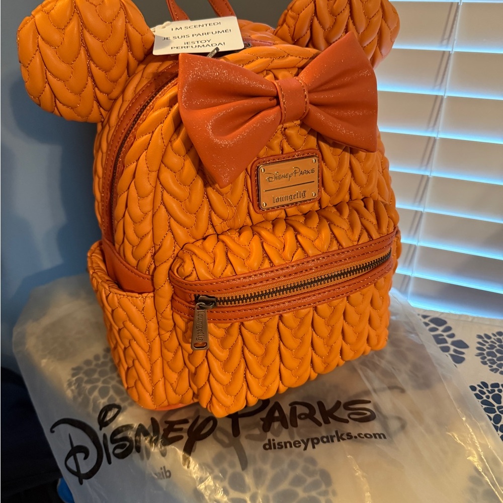 Disney loungefly backpack Orange Quilted Backpack with Ears and Bow-scented new